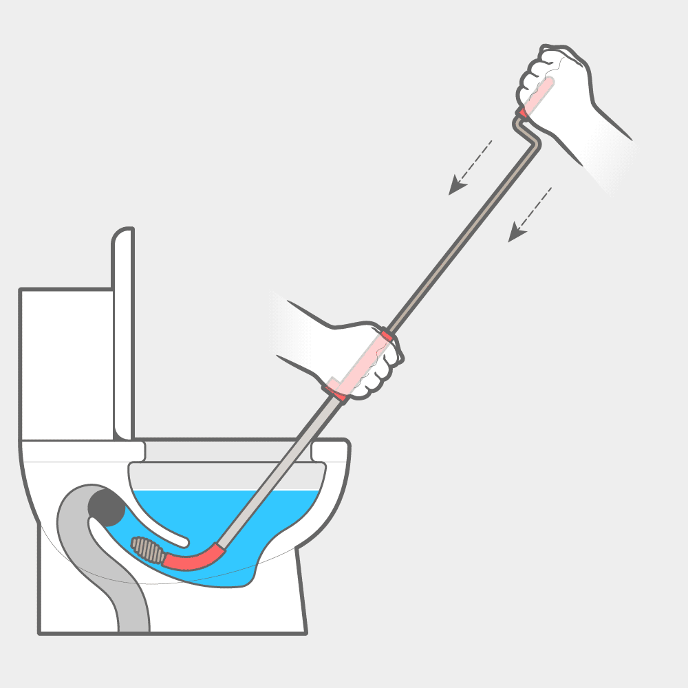 Motion graphic showing the toilet auger being used. Hold the grip handle of the auger while spinning the crank handle.