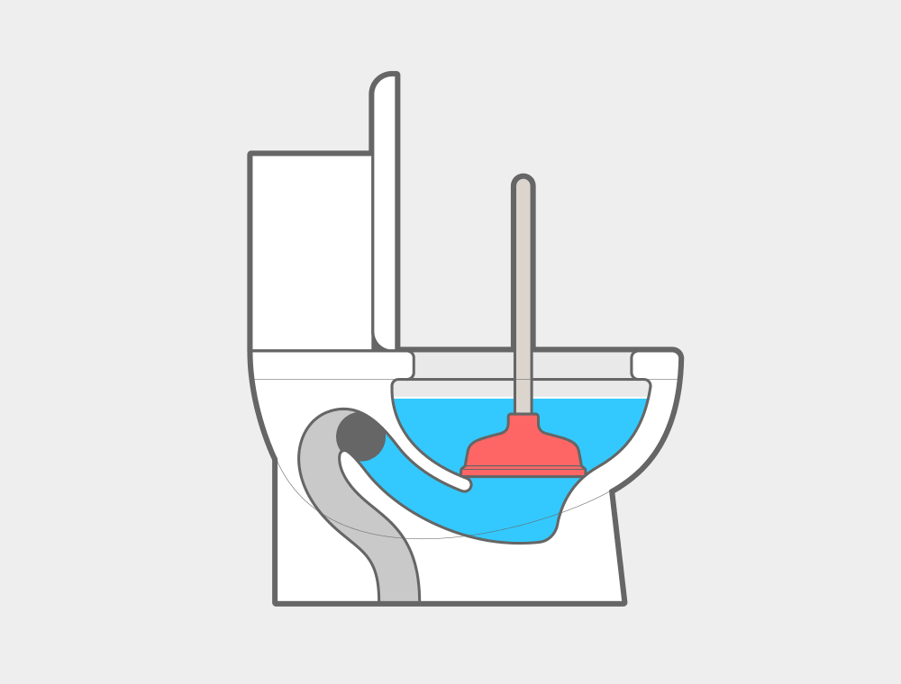 Motion graphic showing a plunger pressed and depressed on the toilet bowl
drain.