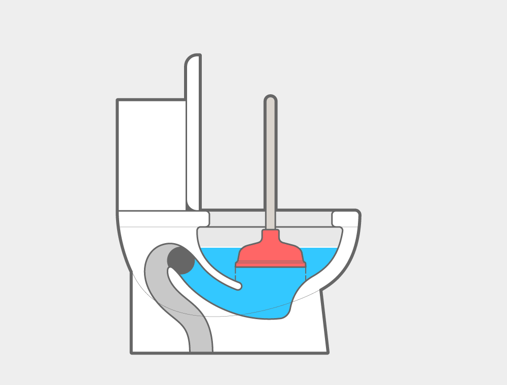 The plunger cup is aligned with the drain in a toilet bowl.
