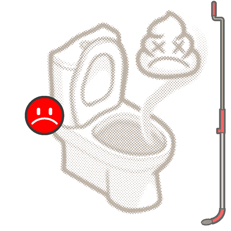 Motion graphic of a toilet auger revealing a clogged toilet and an unclogged toilet.